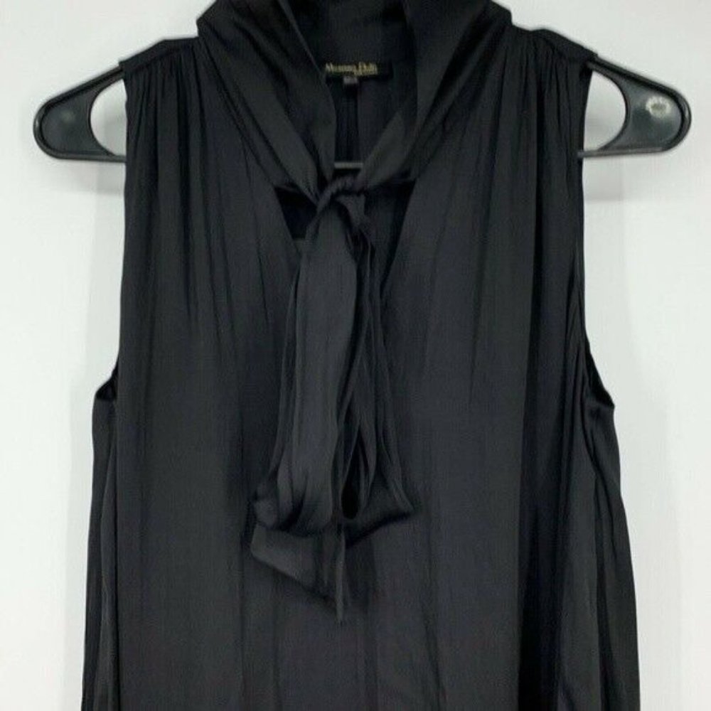 Massimo Dutti Maxi Dress Black Satin Sleeveless Tie Neck Fringe Slit - Picture 5 of 10